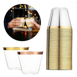 Gobelets jetables pailles 50pcs bordure en or Rose tasse à vin gobelets clairs boisson pour fête de mariage dîner Champagne cocktail fournitures