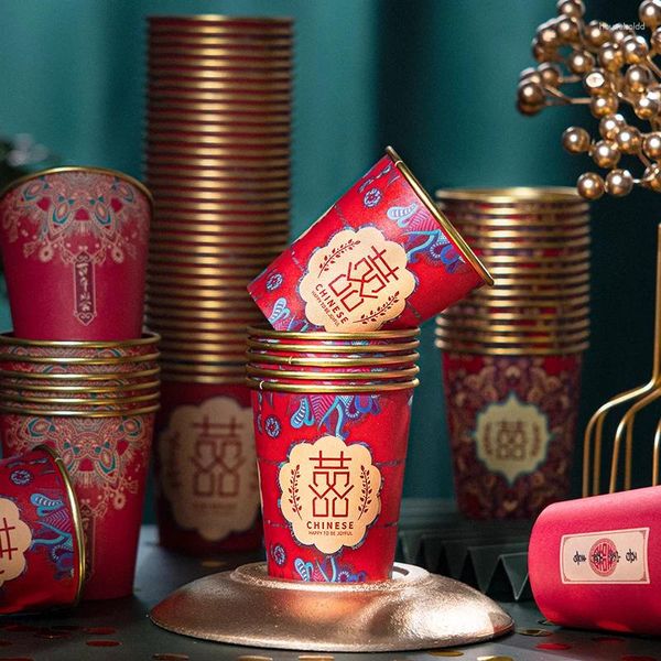 Gobelets jetables pailles 50 pièces, tasse rouge chinoise de mariage, feuille d'or épaisse, fournitures de fête Festive, papier de Banquet