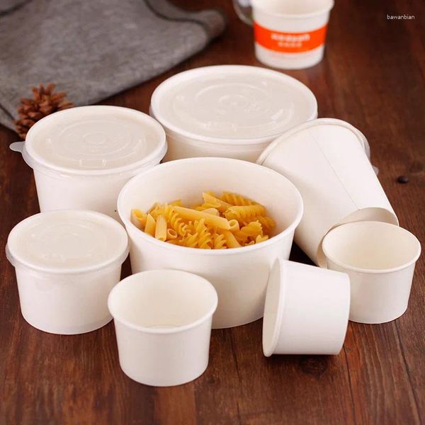 Tazas desechables pajitas 50pcs tazón de papel blanco 150ml 250ml 500ml bocadillos de bocadillo cajas de envases de embalaje de la fiesta de cumpleaños con tapa