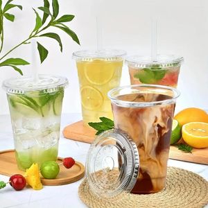 Vasos desechables con pajitas, 50 juegos, 12/16OZ, plástico con tapas transparentes para fiestas, café helado, batidos, bebidas frías