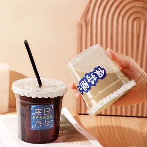 Gobelets jetables pailles 520ml bricolage Portable tasse à café glacé PET été ensemble de boissons froides jus de thé au lait avec couvercle autocollants de paille 10 paquets
