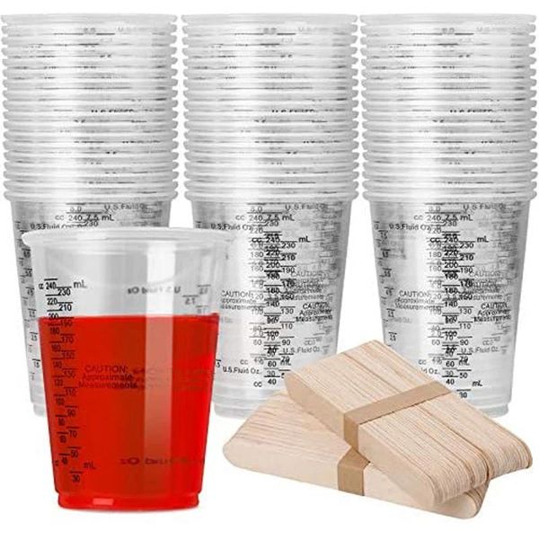 Tasses jetables Paies 8 oz Mesurer la tasse de tasse de mélange en plastique transparent pour la résine époxy avec 80 barres en bois de teinture de teinture