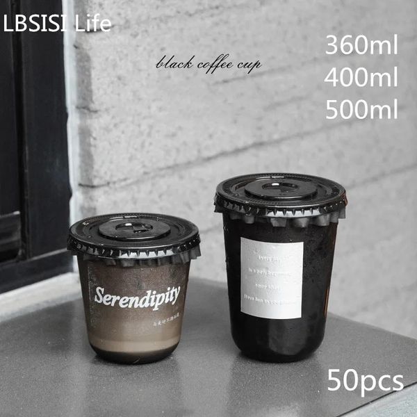 Gobelets jetables Pailles LBSISI Life 50pcs calibre 89 tasse de boisson froide jetable noir PET tasse en forme de U Latte café glacé lait-thé paquet tasse à emporter 231009