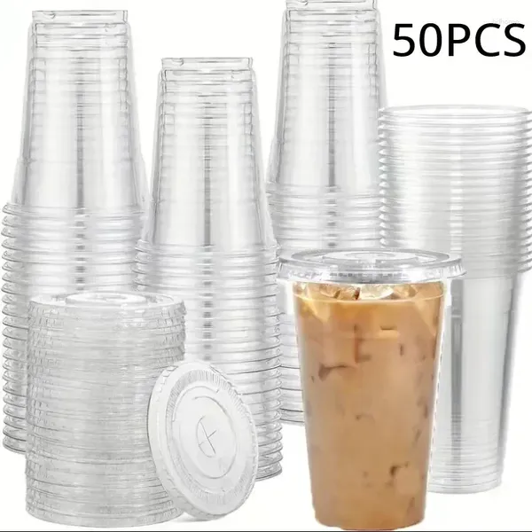 Gobelets jetables avec couvercles en paille, verres en plastique pour boire des Milkshakes, en vrac, plats et transparents, pour mariage, café, fête glacée