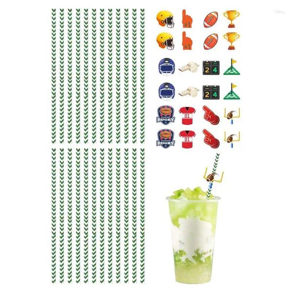 Tasses jetables Paies décorations de fête de fleur de marguerite 24pcs boisson avec drapeau de thème de football paille et décoration