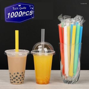 Wegwerpbekers Rietjes Plastic 1000 Stuks Individueel Verpakt Grote Kleurrijke Boba Bubble Thee Milkshake Stro Keuken Bar Accessoires