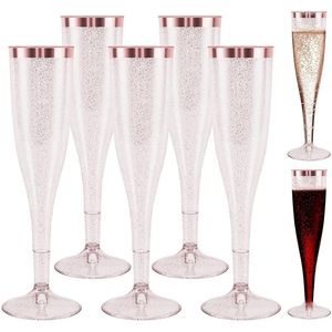 Vasos desechables, pajitas, copas de champán de plástico, vasos de 6,5 Oz, copas reutilizables de oro rosa con purpurina para fiesta de boda, copas para brindar-ABUX