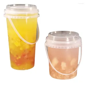 Tasses jetables Paignes Plastique avec les couvercles de grande capacité 700 ml / 1000 ml seau à thé de lait portable Portable Cup clair et peut être réutilisé