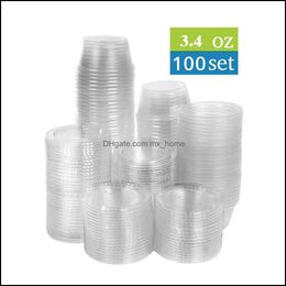 Wegwerpbekers sts keukenbenodigdheden keuken, dinersbar Thuis tuin 100 sets 3.4 oz plastic portie met deksels, snackbekers, 100 ml clear a0