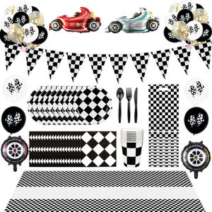 Vajilla desechable 1 juego de 180x108 cm Mantel blanco y negro Fiesta temática de carreras Software de escritorio Bandera a cuadros Suministros de fiesta de cumpleaños para niños