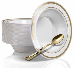 Vaisselle jetable 100 bols à soupe en plastique à bord doré et ensemble de cuillères en plastique - bols à desserts jetables de 12 oz assiettes à salade pour les fêtes de mariage 230920