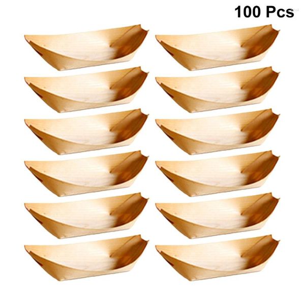 Vaisselle jetable 100 pièces, assiettes en bambou, plateau en forme de bateau, grignotines en bois, collation en bois