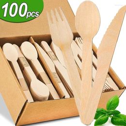 Cinebros desechables de 100 piezas de cuchillo de madera de 100 piezas Spoons Juego de cocina Utensil para el pastel de postres.