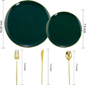 Dîner jetable 150pcs Gold Plastic Plates vert avec jante 30 dîner