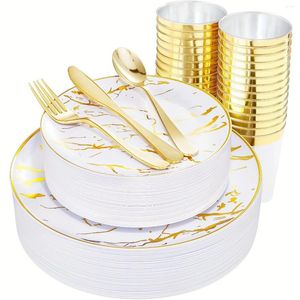 Dîner jetable 150pcs Golden Plastic Plates Saigetware Set Forks and cupons tasses