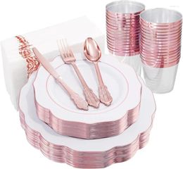Cineros desechables de 175 piezas Platos de plástico de oro rosa con cubiertos - Incluya 25 horquillas de postres para cenar