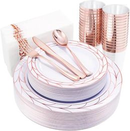 Dîner jetable 175pcs Paste de fête en plastique en or rose et argenterie ensemble 25 chacun du dîner