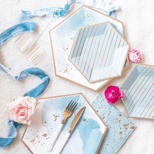 Vaisselle jetable 1 ensemble série bleue assiettes en papier doré vaisselle rayée bricolage pour décor de Table de mariage fournitures de fête d'anniversaire