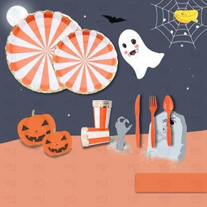 Dîne jetable 1set Halloween Orange Striped Table Creative Thème des fournitures de fête d'anniversaire