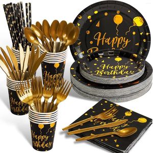 Wegwerp servies 200 stuks zwart en gouden verjaardagsfeestje benodigdheden gelukkige bestek set mes vork lepel rietjes