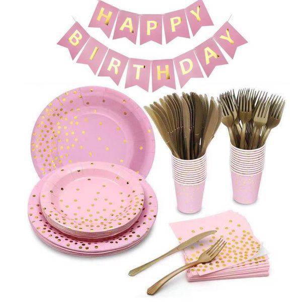 Vaisselle jetable 2021 Série Rose Ensembles de vaisselle Décorations de fête d'anniversaire pour enfants Assiettes Serviettes Tasse Bannières Événement Baby Shower