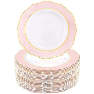 Vaisselle jetable 20 pièces assiette à dîner baroque rose et or en plastique anniversaire mariage fête des mères fournitures de table 221128