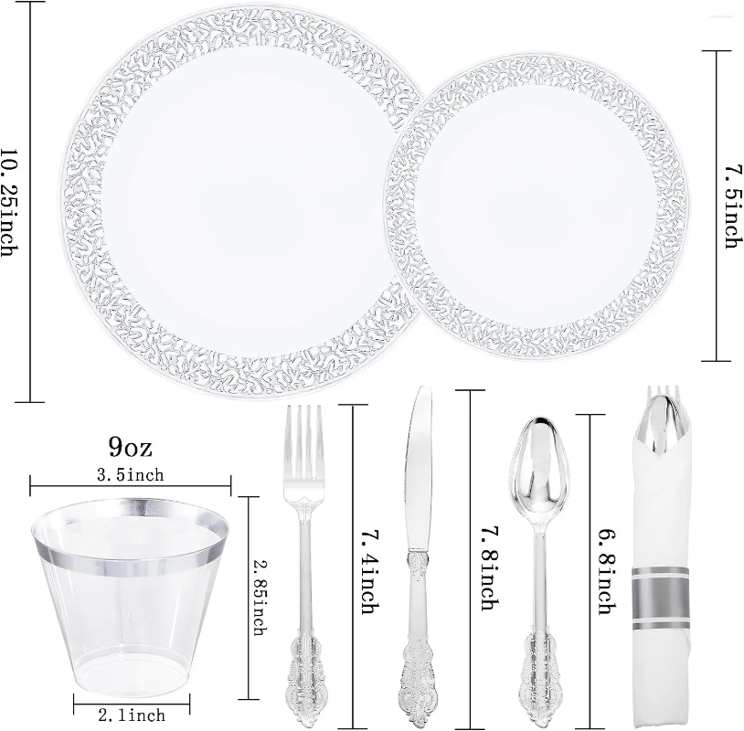 Dininarwarware descartável 210pcs Conjunto de placas de plástico prateado Placas sofisticadas inclui 30 salada de jantar