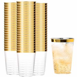 Vajilla desechable 25 50 Uds vaso de plástico dorado 300ml copa de vino bebida transparente cumpleaños boda suministrado 230715