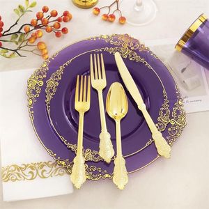 Vaisselle jetable, paquet de 25 assiettes avec bord doré, fournitures de fête en plastique robuste et écologique pour mariage, Thanksgiving