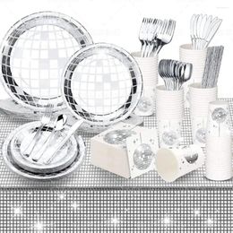 Dîner jetable 25pcs Silver Table Varelles servent des tasses de bille disco thème des années 70