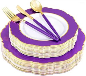 Platos de plástico Purple Purple de vajilla desechable con mango de cubiertos de borde dorado - Fiesta de Barroque
