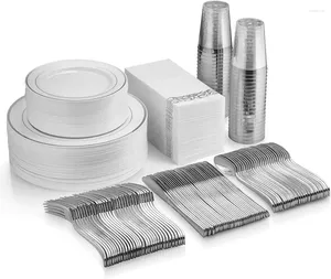 Dîner jetable 350 pièces Silver Set Rim Plaques - Affaire des tasses en plastique en plastique comme des serviettes en papier