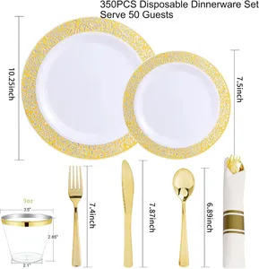 Wegwerpbedrijf 350 stuks gouden plastic kanten borden zijn inclusief: 50 diner 50 dessert pre -rolle servetten