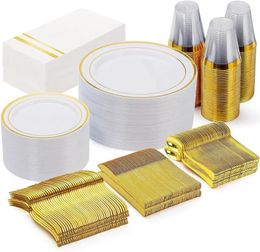 Dîner jetable 350pcs Gold Plastic Plates Disposable Set comprend 50 9 pouces Plaques de dîner 6,3 pouces Plaques de salade150 Silver