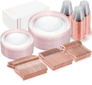 Dîner jetable 350pcs Plaques en plastique en or rose-disposable comprend 100 assiettes à bord transparent 150 Silverwar