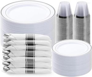 Dîner jetable 350pcs Silver Plastic Set Part Tames pour 50 invités comprennent 100 serviettes pré-roulées