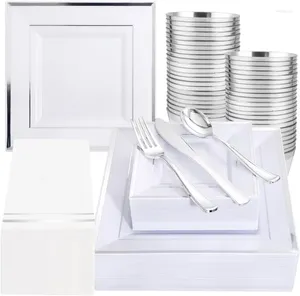 Dîner jetable 350pcs Assiettes en argent - Le plastique carré comprend 50 tasses de desserts pour le dîner