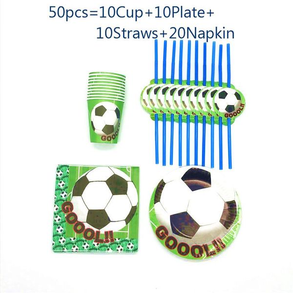 Vajilla desechable de 50/80 Uds., juego de vajilla para fiesta de cumpleaños con tema de fútbol, servilletas, vasos, mantel, bandera, paja, recuerdo para niños, decoración para niños