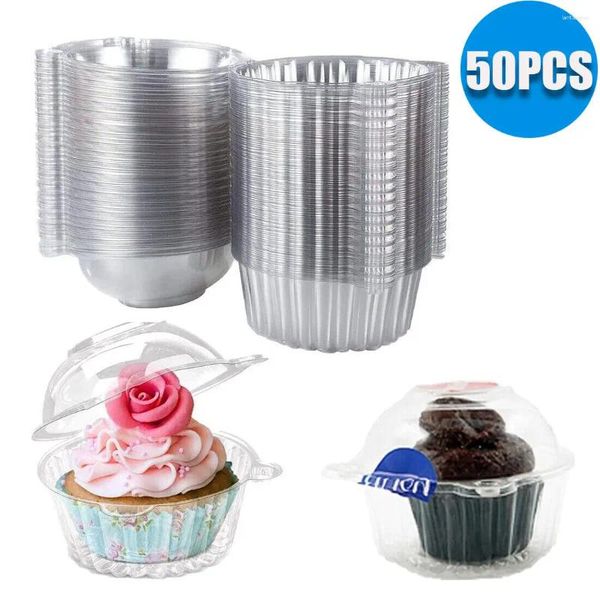 Cinebros desechables 50 PCS Muffin de plástico Muffin de una sola taza Cajas de pasteles de cajas Cañas de cúpula