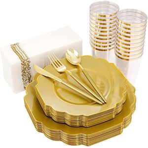 Disposable servies 50 stuks servies plastic platen en gouden zilverwerk Bruiloft verjaardagsfeestje decoraties