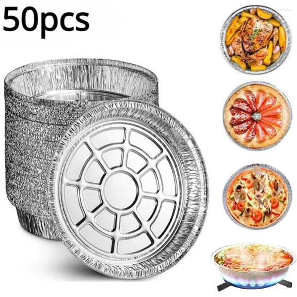 Vaisselle jetable 50 pièces, assiettes en aluminium de 6 pouces, poêles à tarte rondes en étain pour friteuses à Air, cuisson, stockage, torréfaction