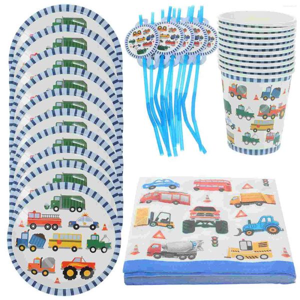 Vaisselle jetable 50pcs Construction Fournitures de fête d'anniversaire pour enfants Le paquet comprend des assiettes à dessert, des serviettes, une décoration de gâteau pour les garçons