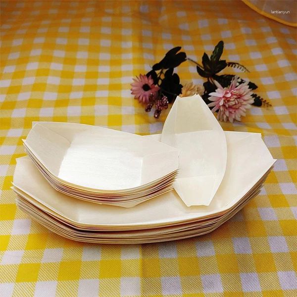 Dîner jetable 50pcs Plaque de forme de bateau en bois salade de dessert de pignons de pins Snack de bol de bol de bol naturel