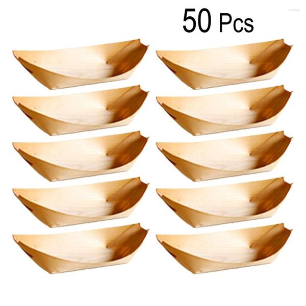 Cineros desechables 50 piezas Platos de madera de 50 piezas que sirven al recipiente de placas de sashimi japoneses para dulces de postre de bocadillos de sushi (6x4x2cm)