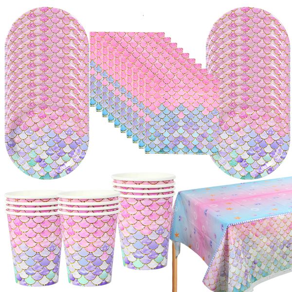 Vaisselle jetable 53pcs / set petite sirène fête vaisselle assiette en papier tasse serviette nappe enfants anniversaire décoration fournitures 230105