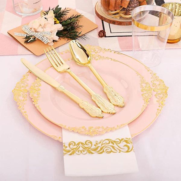 Dîner jetable 5pc assiette d'anniversaire fête en dentelle dorée assiettes en dentelle en relief en plastique Disque de dîner en plastique avec jante