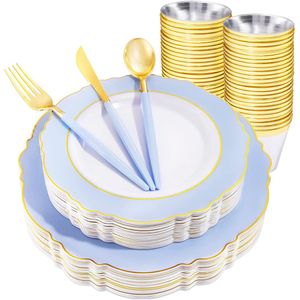 Vaisselle jetable 60 pièces assiettes ensemble plateau en plastique bleu avec bord doré argenterie fournitures de fête de mariage 230825