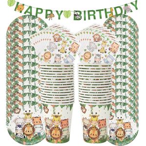 Vaisselle Jetable 61 Pcs Jungle Animal Vaisselle Ensemble Assiette En Papier Tasse Serviette Bannière Enfants Garçon Forêt Safari Thème Fête D'anniversaire Fournitures 221117