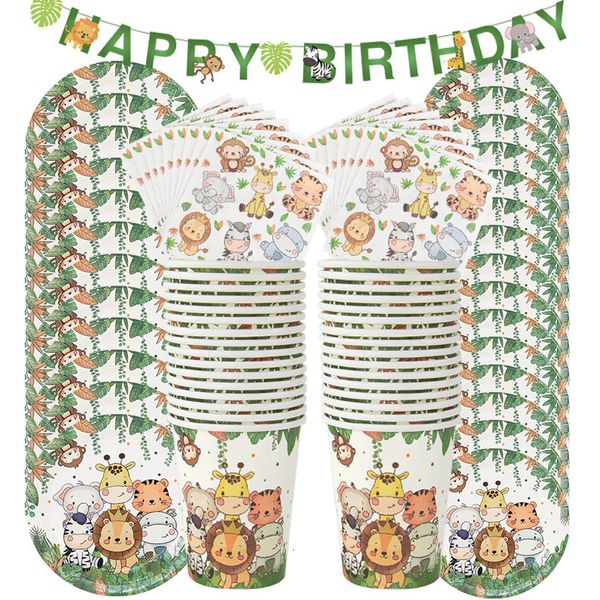 Vaisselle Jetable 61 Pcs Jungle Animal Vaisselle Ensemble Assiette En Papier Tasse Serviette Bannière Enfants Garçon Forêt Safari Thème Fête D'anniversaire Fournitures 221128