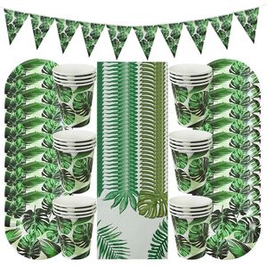Vaisselle jetable 61 pièces ensembles de vaisselle d'été vert Monstera assiettes en papier tasses serviettes Tropical Hawaii décoration de fête de mariage Supplie 221128